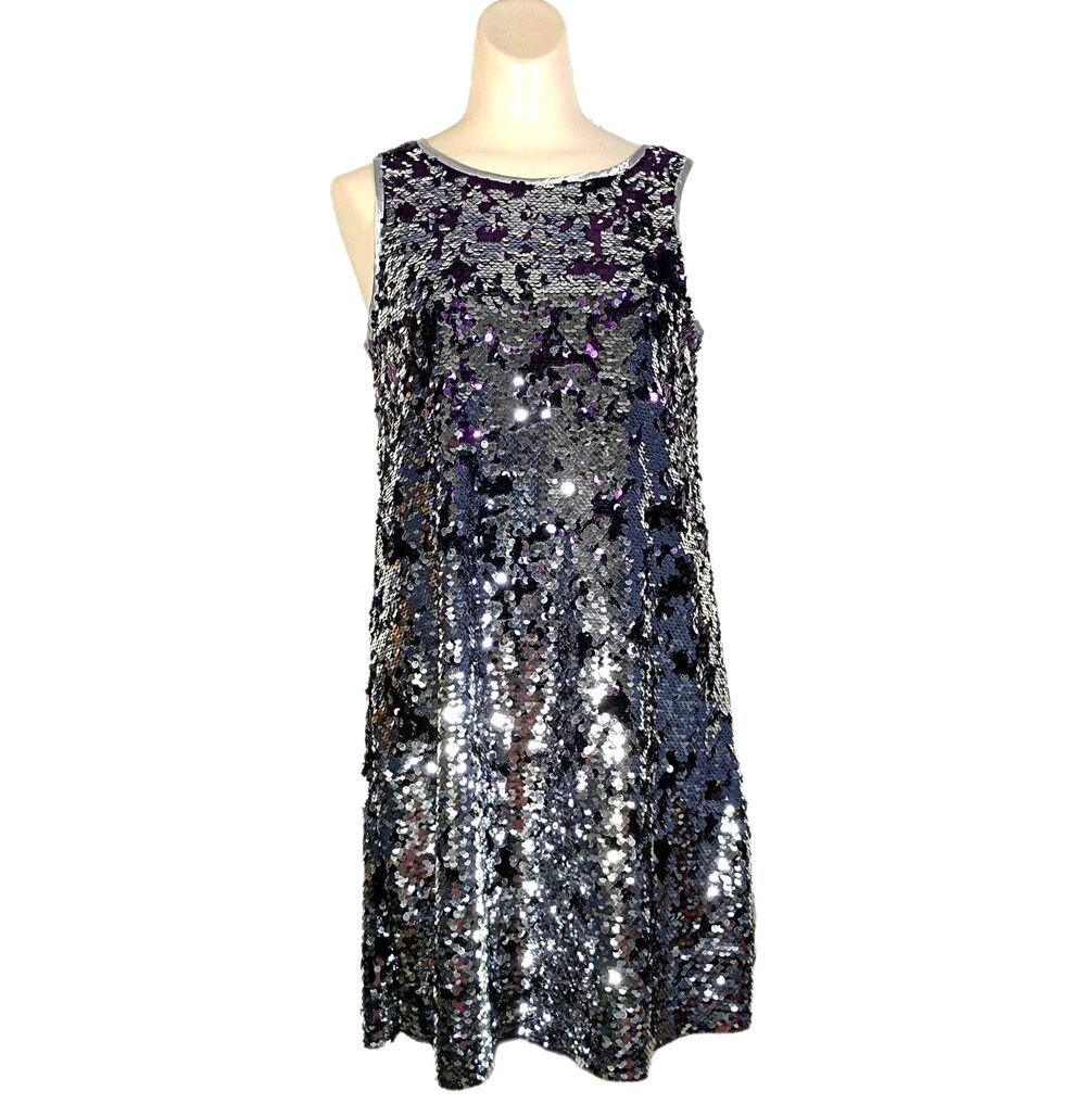 Vera Wang Lavender Label Silver Purple Sequined Sleeveless Swing Dress 14/16